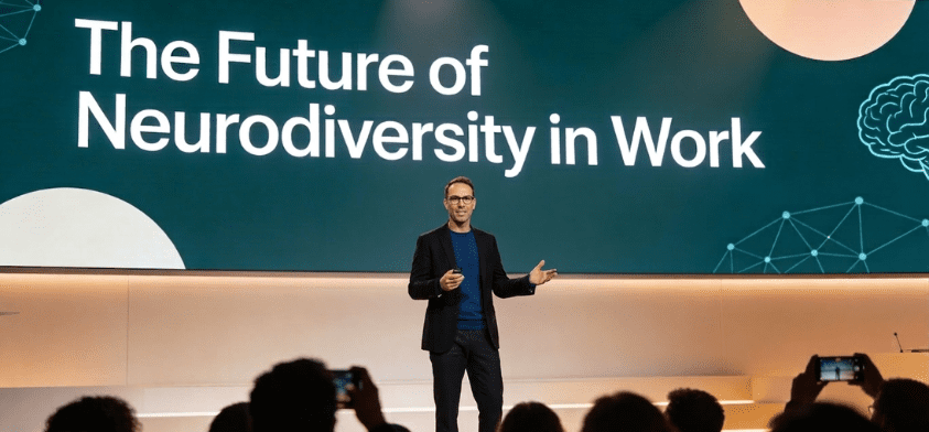 Speaker discussing neurodiversity in work conference.