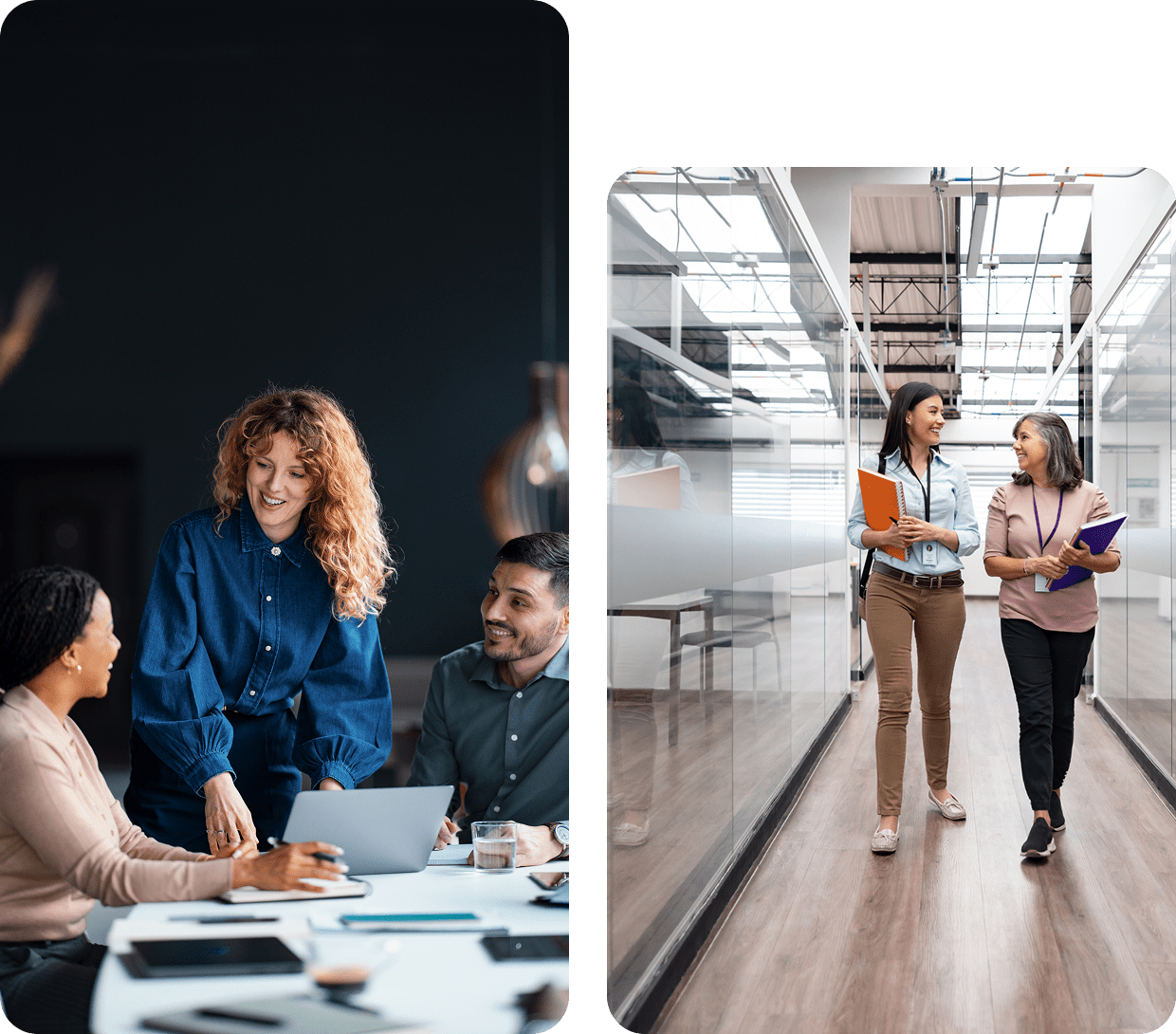 Colleagues walking in modern office hallway