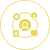 User icon with gear, bulb, document, monitor.